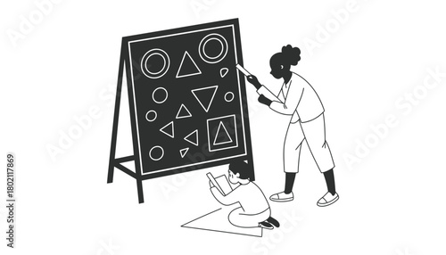 Woman teaching shapes on blackboard to child drawing on the floor