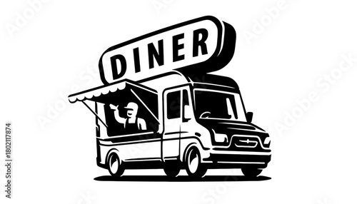 Illustration of a diner food truck with a cook on a white background