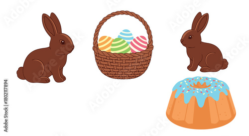 Festive Easter scene featuring chocolate bunnies, a woven basket filled with colorful eggs, and a glazed bundt cake, symbolizing springtime celebrations.