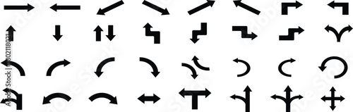 Way direction arrow sign collage. Road way arrow icon set. Road traffic direction arrows flat set. Road navigation arrows. Vector black line branching arrows. 
