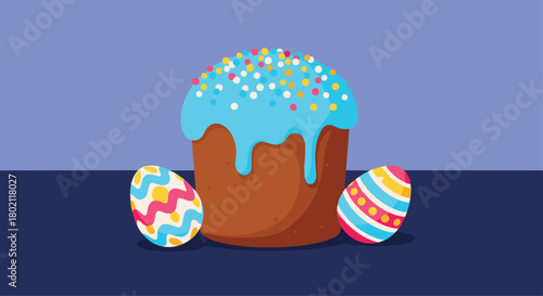 Festive Easter scene featuring a tall, decorated kulich cake with blue icing and colorful sprinkles, alongside two patterned Easter eggs on a surface.