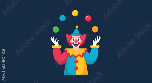 A cheerful clown juggles colorful balls with a big smile, creating a playful and entertaining circus atmosphere for audiences of all ages.