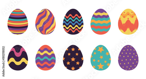 A vibrant collection of ten decorated easter eggs with colorful patterns including stripes, waves, and stars, perfect for spring celebrations and holiday designs.