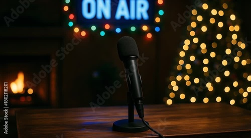 Christmas Podcast Studio On-Air Sign Looping Background 4K
