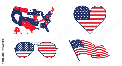Patriotic American icons including a map of the United States, a heart shaped flag, sunglasses, and a waving American flag, celebrating national pride.