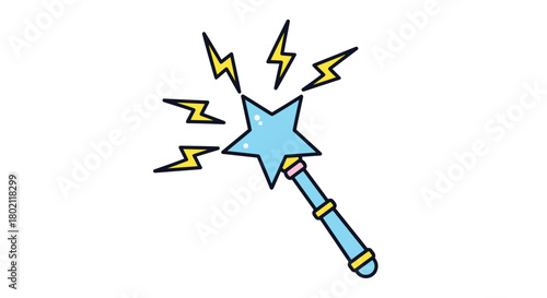 A whimsical illustration of a light blue magic wand with a star-shaped tip emitting yellow lightning bolts, representing enchantment and magical power.