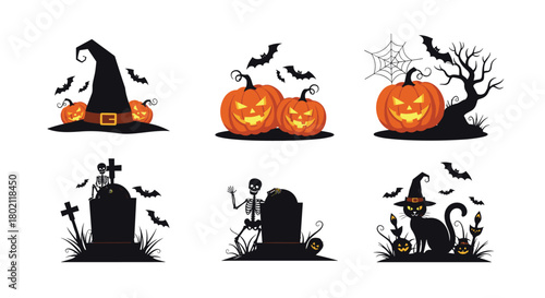 Festive halloween illustrations featuring pumpkins, skeletons, a black cat, and spooky graveyard elements against a white background.