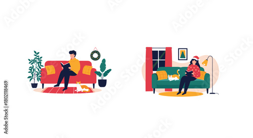 Cozy indoor scenes depict people reading on sofas with cats, showcasing relaxing home life and comfortable domestic moments during different seasons.