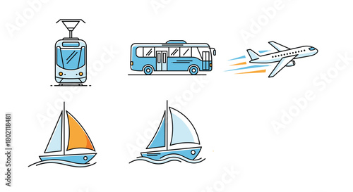 Colorful line art illustrations depicting various modes of transportation including a tram, bus, airplane, and sailboats, showcasing travel and commuting options.