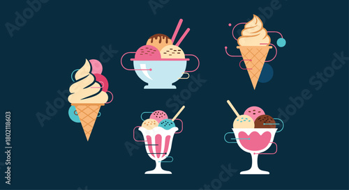 Colorful assortment of ice cream desserts in various styles, including cones and sundae glasses, presented on a dark teal background.