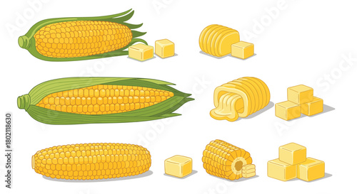 Illustrative set of corn on the cob and butter, showcasing various stages of preparation and presentation, including husked and kernels exposed.