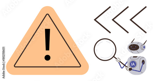 Orange caution triangle with exclamation mark alongside a robot holding a magnifying glass. Ideal for problem-solving, analysis, safety, caution, research, AI concepts, and error identification