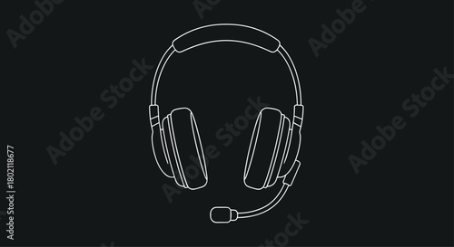 Minimalist line art illustration of a gaming headset with microphone against a dark gray background, representing audio technology and communication.