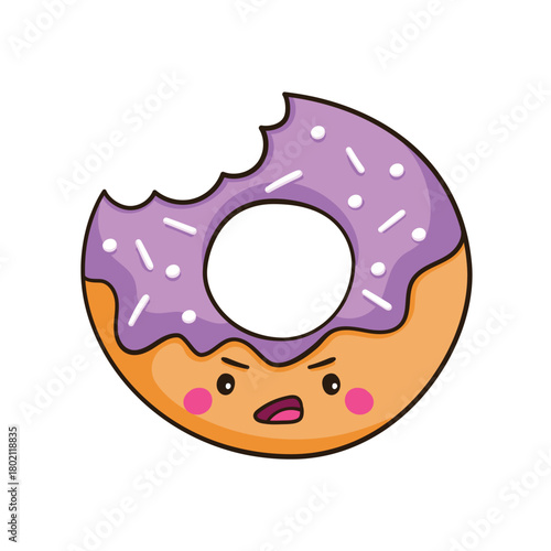 A sweet bitten donut with purple frosting and white sprinkles. An indignant kawaii character.