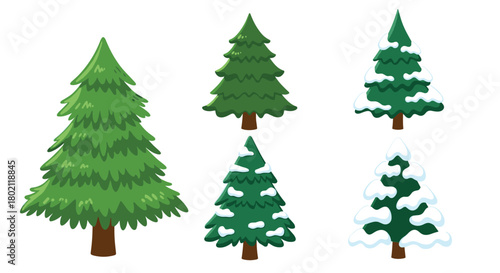 Collection of cartoon evergreen trees in varying styles, including some covered in snow, isolated on a white background.