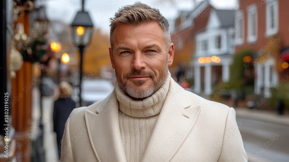 Fototapeta premium Man in a cream coat poses on a Niagara-on-the-Lake street, likely during the autumn season