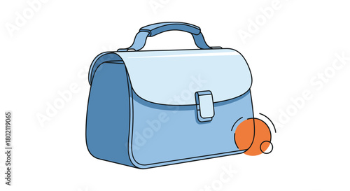 A light blue school satchel sits beside a bouncing orange ball, suggesting a playful return to learning or a break from studies.