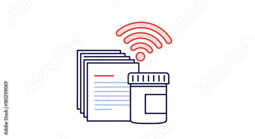 Digital healthcare concept featuring prescription medication and documentation connected by a wireless signal, representing telehealth and remote patient care.