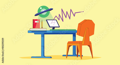 A brightly colored illustration depicts a modern workspace with a computer, books, pencil, and chair, suggesting a focus on learning or remote work.