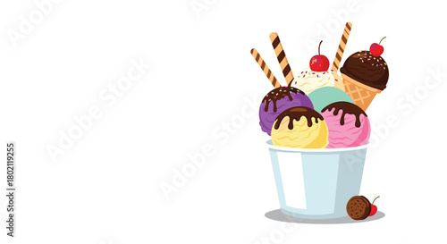 A colorful assortment of ice cream scoops piled high in a white cup, complete with chocolate sauce, wafer sticks, and cherries on top.