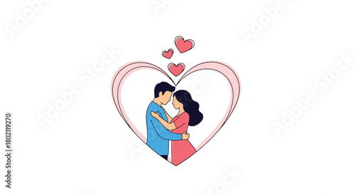 A tender illustration depicts a couple embracing within a heart-shaped frame, surrounded by floating hearts, symbolizing love and affection.