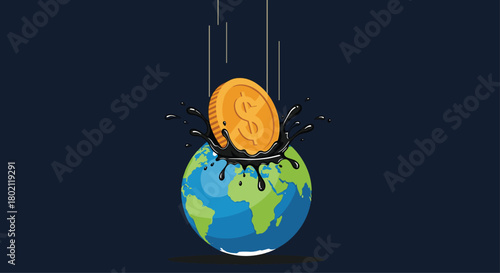 A golden dollar coin impacting the Earth, causing a spill of black oil, symbolizing the financial cost of environmental damage and pollution.