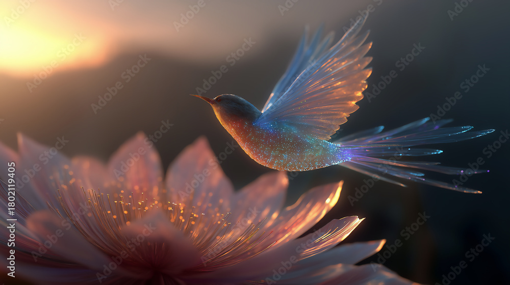 Fototapeta premium Sparkling Hummingbird in flight near a flower bathed in soft light enchanting the viewer