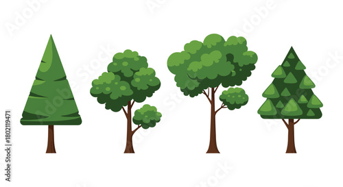 Stylized illustration of four different trees including a pine, two deciduous trees, and another conifer, set against a white background.