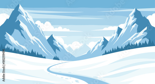 A serene winter landscape featuring snow-covered mountains and a winding stream, evoking a sense of peaceful isolation and natural beauty.