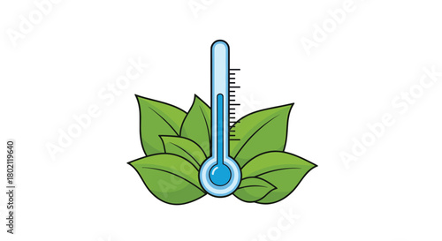 Illustration depicting a thermometer nestled amongst vibrant green leaves, symbolizing environmental temperature monitoring or climate change awareness.
