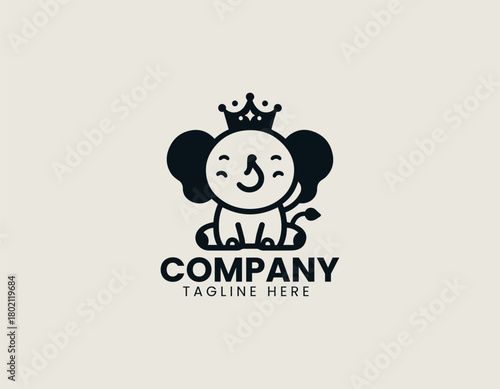 Happy baby king elephant smiles proudly creating charming black vector logo