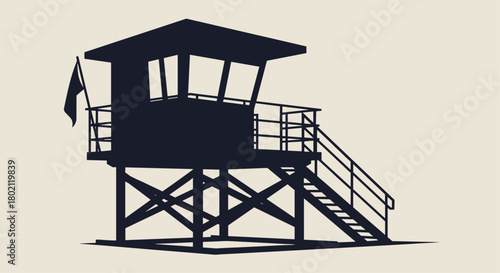 A stark silhouette of a lifeguard tower stands against a neutral background, evoking summer safety and coastal vigilance.