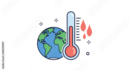 Illustration depicting global warming with a thermometer next to the Earth, showing rising temperatures and melting ice, symbolizing climate change effects.