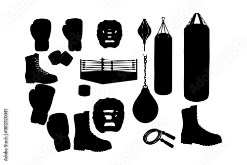 silhouettes pack of black boxing kit with editable stroke outline pure white background