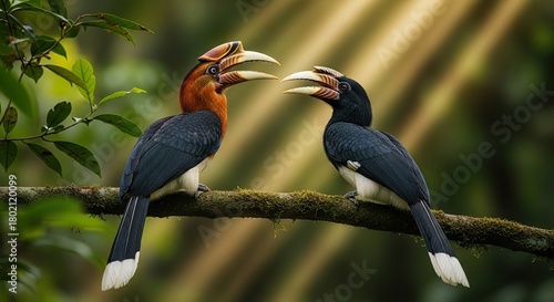 Palawan Hornbill pair calling to each other, warm high-contrast beams illuminating feathers