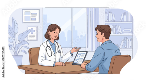 Female doctor in coat with stethoscope is showing something on tablet to male patient sitting at desk in medical office