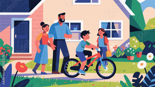 Illustration Of A Family Gathering In The Yard And A Child Playing On A Bicycle Vector Design Template