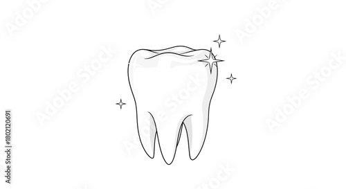 Handdrawn sketch single healthy tooth with sparkling stars around it, symbolizing cleanliness and good oral hygiene