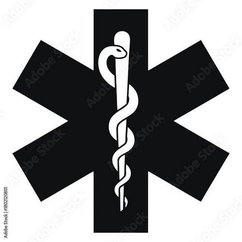 Black and white star of life symbol with snake isolated on white background for medical or emergency services