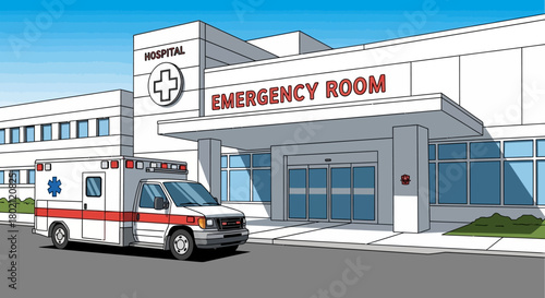 Closeup view hospital emergency room entrance with an ambulance parked outside, highlighting urgent medical care and immediate response