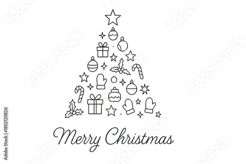 Minimalist Christmas tree outline illustration with festive holiday elements icons greeting design winter decoration art style isolated on white background