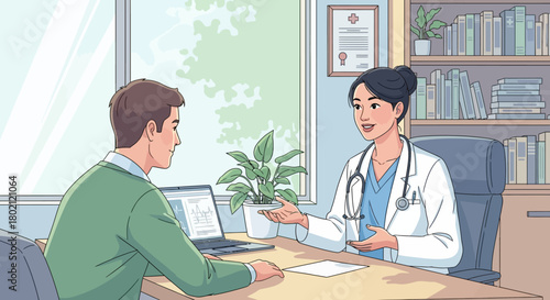 Doctor consulting with patient in medical office, discussing health and treatment options with laptop on the desk