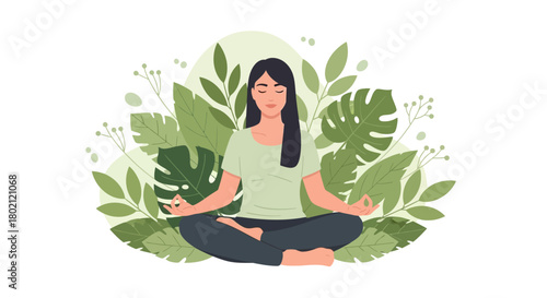 Woman meditating peacefully in lotus position surrounded by lush green leaves and foliage, symbolizing calm and mindfulness