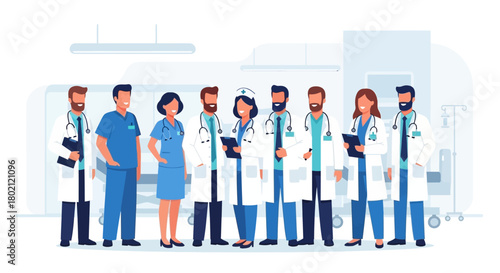 Diverse group medical professionals, including doctors and nurses, standing together in hospital setting, representing teamwork and healthcare