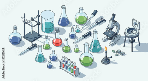 Collection laboratory equipment for scientific research and experiments, including beakers, flasks, microscope, and bunsen burner