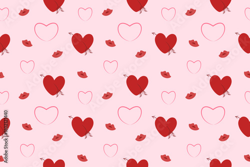 Playful vector seamless pattern scattered with flirty dark red Cupid hearts pierced by arrows, bright pink outline hearts, and scattered lips, set against a soft blush background.