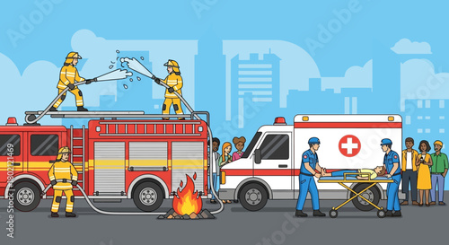 Emergency response scene with firefighters battling small fire with fire truck and paramedics attending to patient with an ambulance