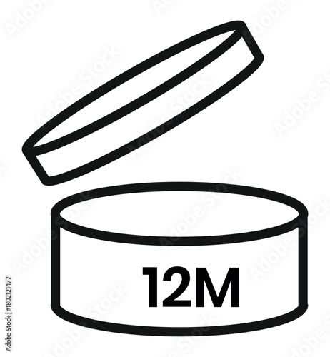 Period After Opening PAO label, symbol, icon logo. Cosmetic open period month 1M, 2M, 3M, 4M, 5M, 6M, 7M, 8M, 9M, 10M, 12M, 18M, 24M, 36M, 48M. Cream pack label for product packaging design.