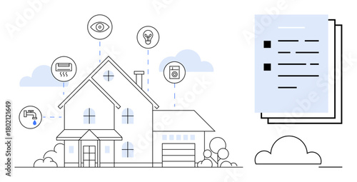House illustration with icons for smart devices, including lighting, security, appliances, HVAC, and water. Ideal for technology, automation, energy management smart living home innovation IoT