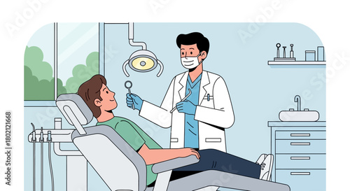 Dentist wearing mask and gloves examines patient in dental chair, using dental tool, in modern clinic setting with dental equipment visible, highlighting oral hygiene and dental care